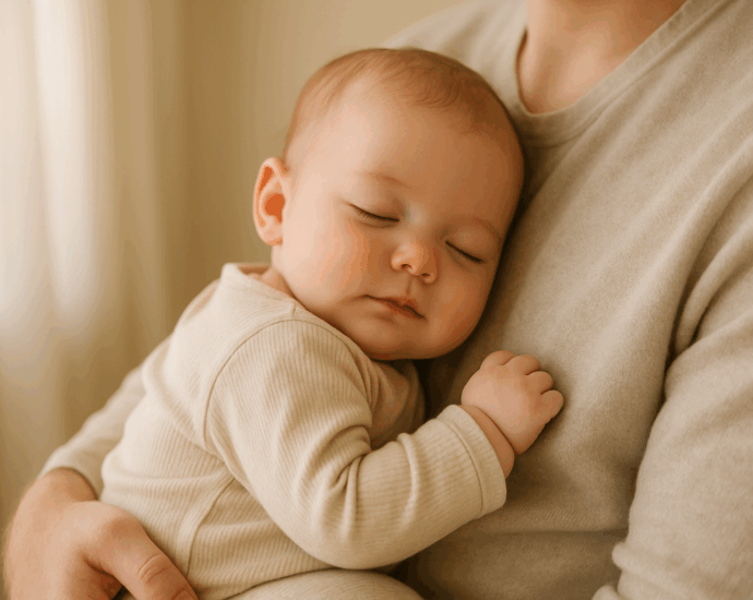 Bébé apaisé dans les bras d'un parent