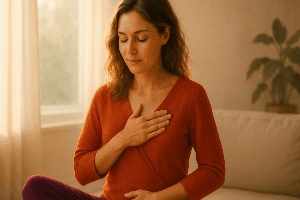 Femme apaisée posant une main sur le cœur et une sur le ventre, symbolisant la reconnexion au corps et la guérison après une fausse couche.
