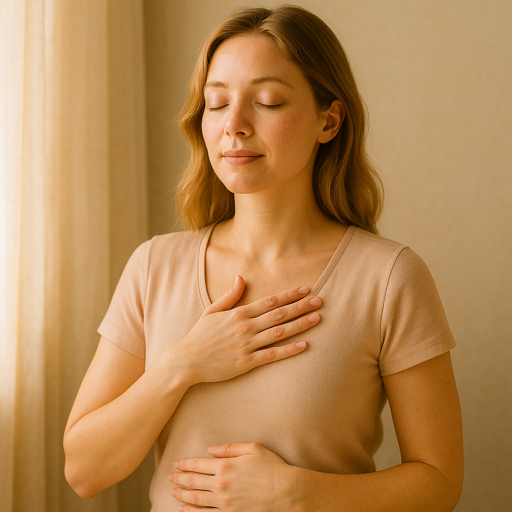 Femme apaisée posant une main sur son cœur et l’autre sur son ventre, symbolisant la reconnexion à soi, la confiance et la fertilité naturelle.