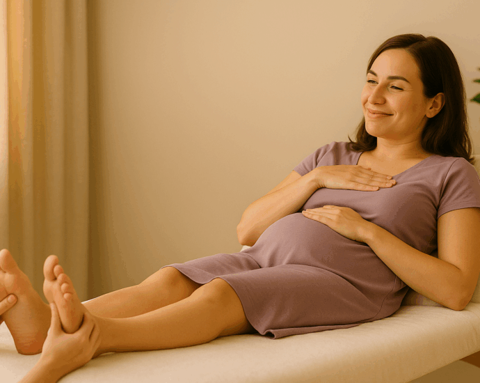 Femme enceinte souriante allongée sur une table de massage, recevant une séance de réflexologie plantaire dans un cadre lumineux et apaisant à Morges.