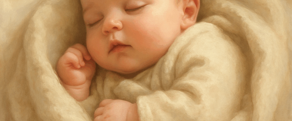 Bébé endormi, paisible, enveloppé dans une couverture crème, lumière douce et ambiance apaisante.