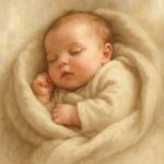 Bébé endormi, paisible, enveloppé dans une couverture crème, lumière douce et ambiance apaisante.