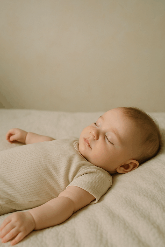Bébé endormi sur le dos sur un lit clair, ambiance douce et naturelle.