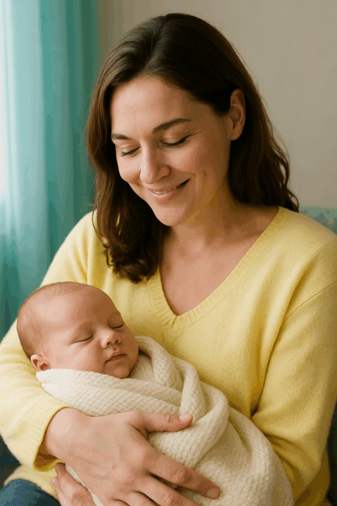 Maman souriante tenant tendrement son bébé endormi dans ses bras, ambiance chaleureuse.