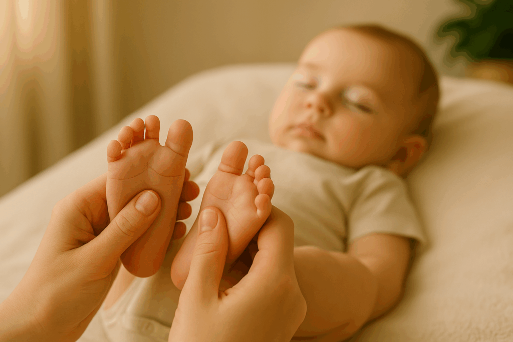 Massage des pieds de bébé par les mains douces de sa maman, bébé allongé et calme.