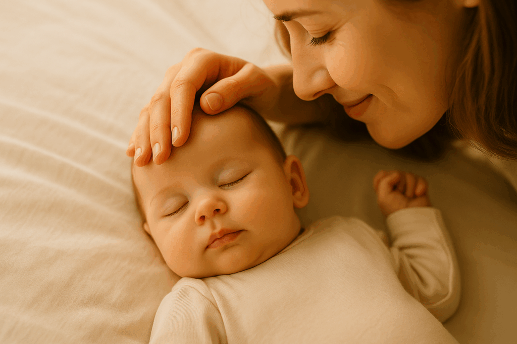 Maman caressant délicatement le front de son bébé endormi, geste tendre et rassurant.