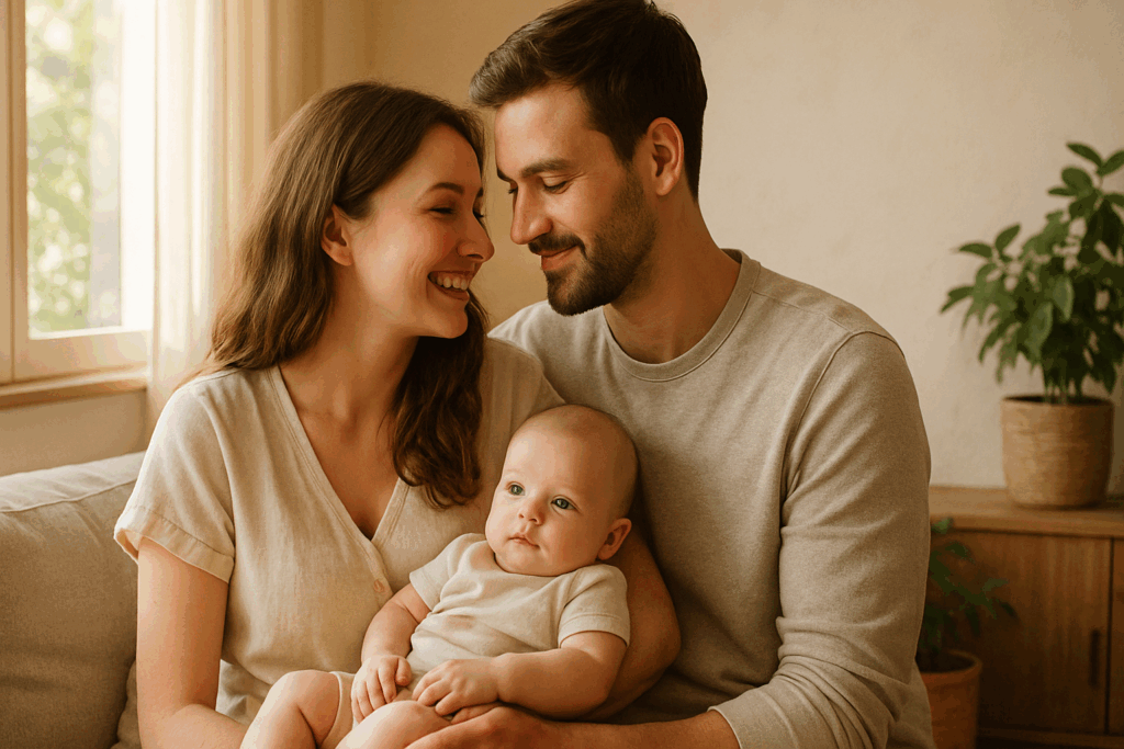 Jeune couple souriant tenant leur bébé dans un intérieur lumineux et naturel. Image symbolisant l’amour, la tendresse et l’équilibre familial.
