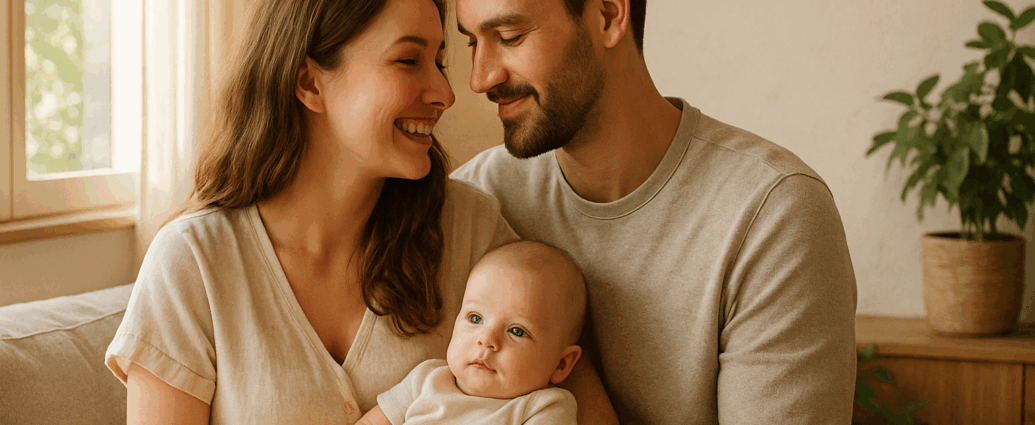 Jeune couple souriant tenant leur bébé dans un intérieur lumineux et naturel. Image symbolisant l’amour, la tendresse et l’équilibre familial.