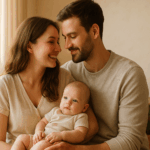Jeune couple souriant tenant leur bébé dans un intérieur lumineux et naturel. Image symbolisant l’amour, la tendresse et l’équilibre familial.