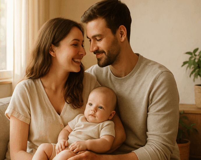 Jeune couple souriant tenant leur bébé dans un intérieur lumineux et naturel. Image symbolisant l’amour, la tendresse et l’équilibre familial.