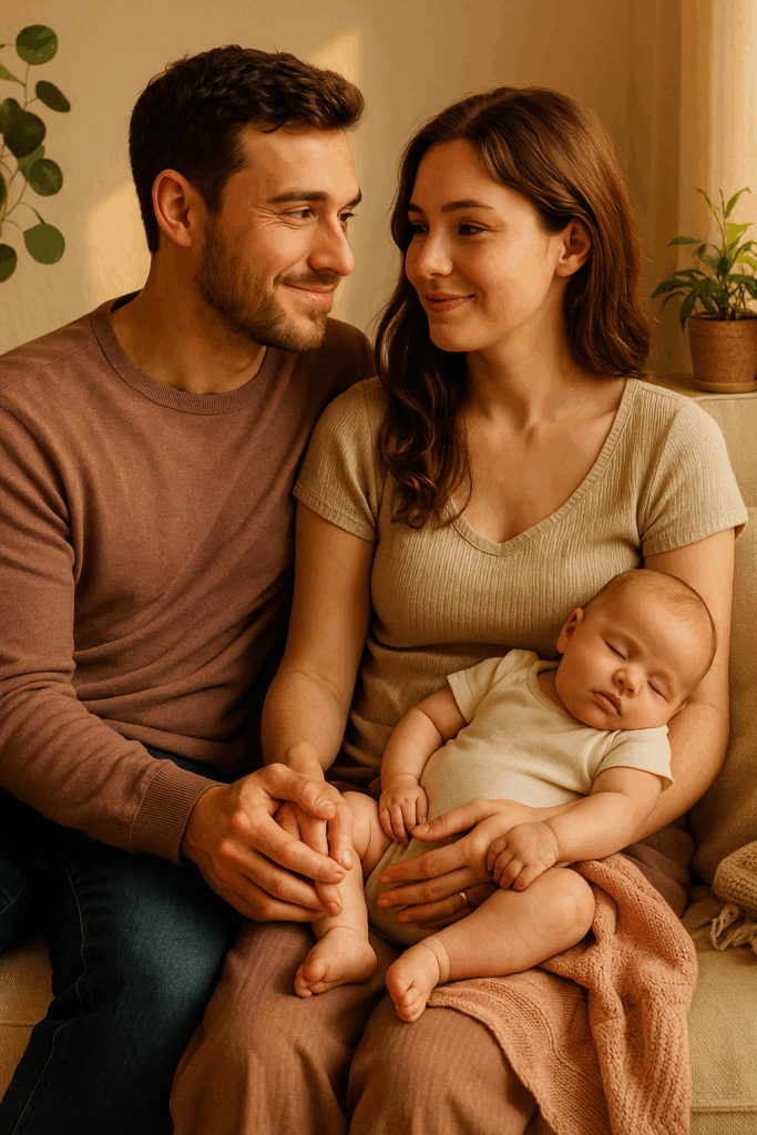 Couple assis main dans la main, tenant leur bébé endormi, symbole d’amour et de complicité après la naissance.