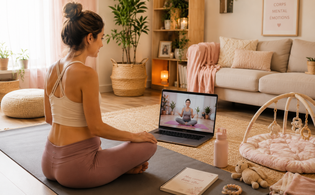 Femme suivant un cours en ligne de maternité depuis chez elle, avec exercices de mouvement et bien-être autour de la grossesse et du post-partum.